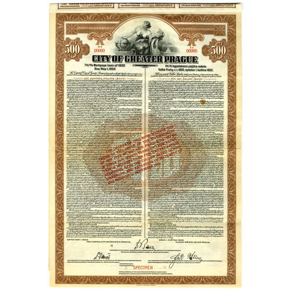 Czech Republic. City of Greater Prague, 1922, Specimen Coupon Bond.