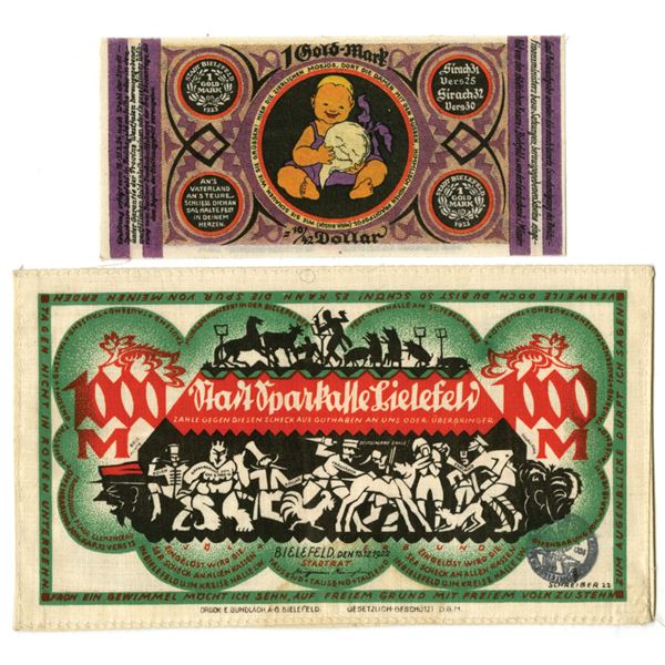 German. City of Bielefeld, 1922 and 1923, Linen and Silk Notgeld Pair.