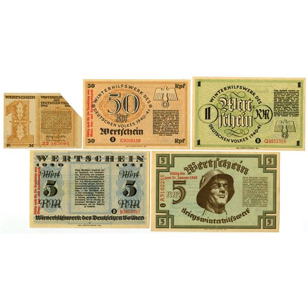 Germany. Winterhilfswerke, 1940 to 1944 Issued Lottery Ticket Quintet