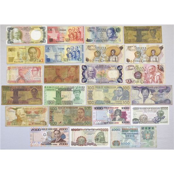 Ghana, Sierra Leone. African Issued Banknote Assortment, 1965 to 1992.