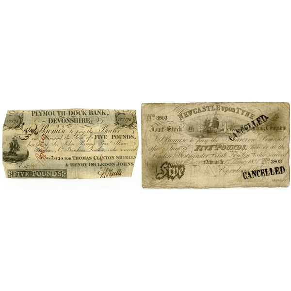 England. Plymouth Dock Bank Devonshire and Newcastle upon Tyne, 1820 and 1838, Cancelled Banknote Pa