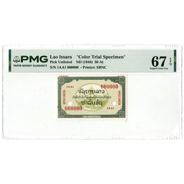 Lao. Lao Issara, ND (1948), 50 At Essay Color Trial Specimen Banknote.