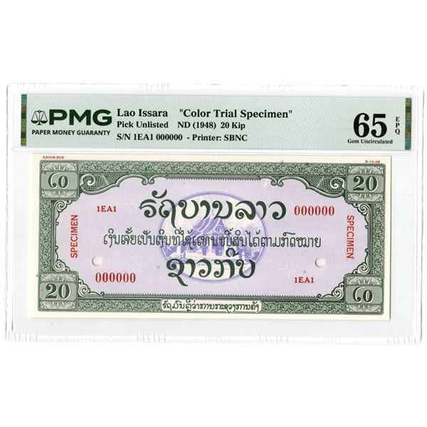 Lao. Lao Issara, ND (1948), 20 Kip Essay Color Trial Specimen Banknote.
