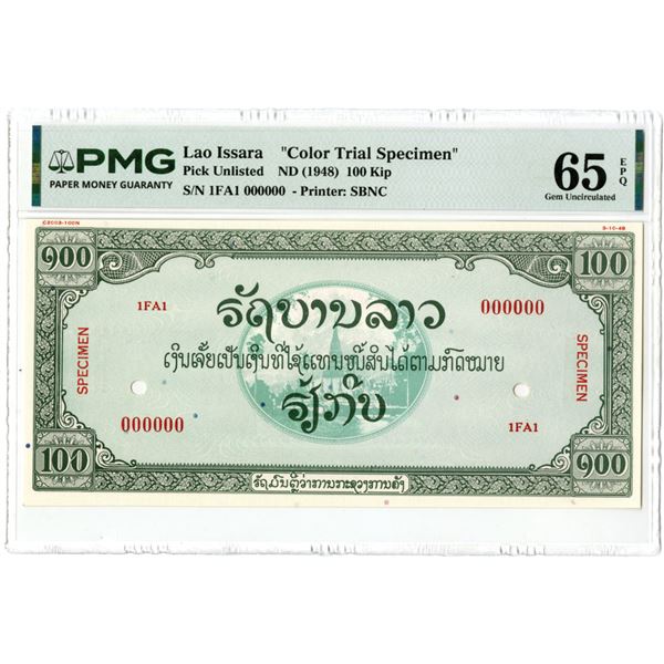 Lao. Lao Issara, ND (1948), 100 Kip Essay Color Trial Specimen Banknote.