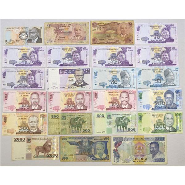 Lesotho, Malawi, Tanzania. African Banknote Assortment, Malawi, Tanzania & Lesotho, 1981 to 2012