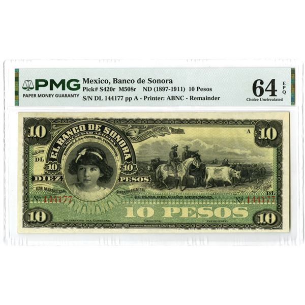 Mexico. Banco de Sonora, ND (1897 to 1911), Remainder Banknote.