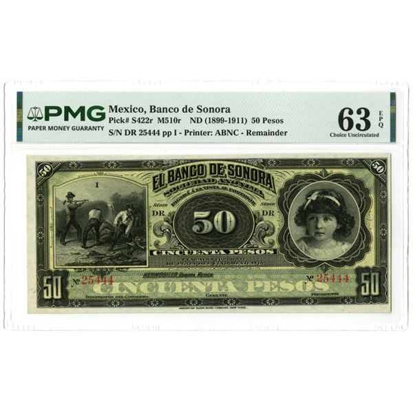 Mexico. Banco de Sonora, ND (1899 to 1911), Remainder Banknote.