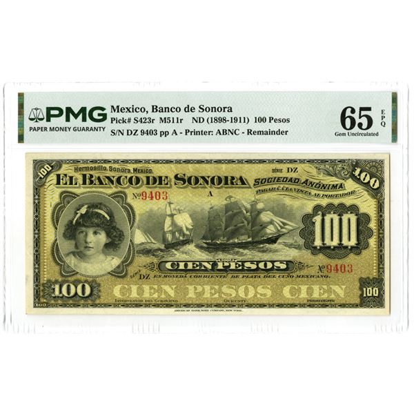 Mexico. Banco de Sonora, ND (1898 to 1911), Remainder Banknote.
