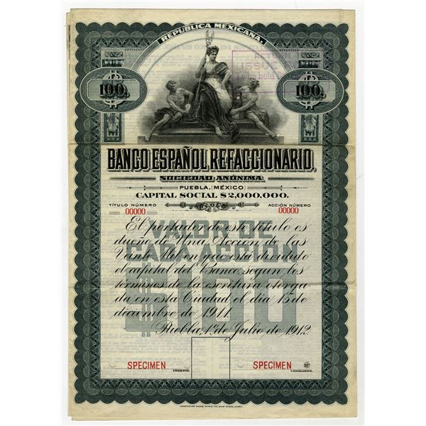 Mexico. Banco Espanol Refaccionario, 1912 Specimen Share Certificate.