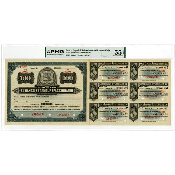 Mexico. Banco Espanol Refaccionario, ND (1900s), Specimen 100 Pesos Bono De Caja Banknote Rarity