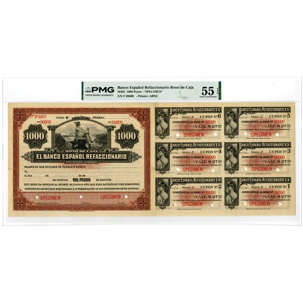 Mexico. Banco Espanol Refaccionario, ND (1900s), Specimen 1000 Pesos Bono De Caja Banknote Rarity