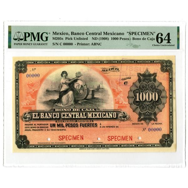 Mexico. "Bono de Caja" Banco Central Mexicano, ca.1900-10, 1000 Pesos Specimen Banknote.