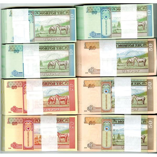 Mongolia. Mongol Bank. 2018-2019. 8 Packs of 100 Uncirculated Banknotes.