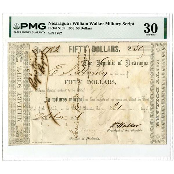 Nicaragua. William Walker Military Script, 1856, $50 Banknote