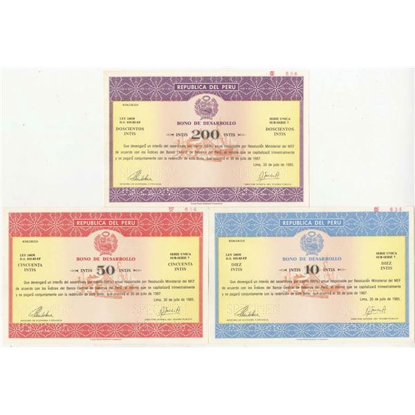 Republica Del Peru - Bono De Desarrollo, 1985 Specimen Circulating Development Bond Trio