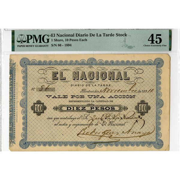 El Nacional Diario de la Tarde, 1894, I/U Circulating Stock Certificate - Scrip Note.