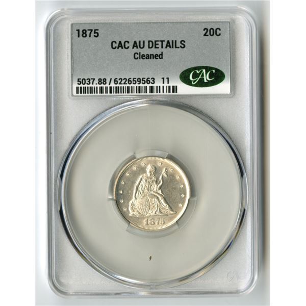 U.S., Twenty Cent Piece, 1875, 20C, CAC graded AU Details (Cleaned)