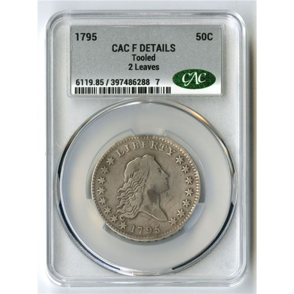 U.S., Flowing Hair Half Dollar, 1795, 50C, 2 Leaves, CAC graded Fine Details (Tooled)