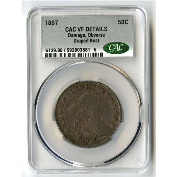 U.S., Draped Bust Half Dollar, 1807, 50C, CAC graded VF Details (Damage, Obverse)