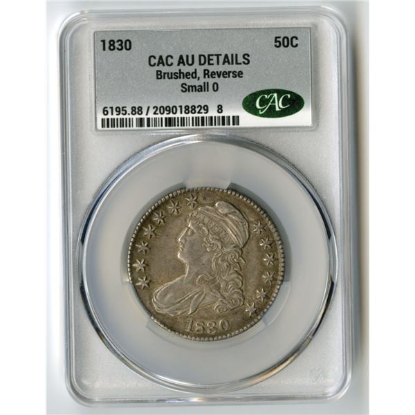 U.S., Capped Bust Half Dollar, 1830, 50C, Small 0, CAC graded AU Details (Brushed, Reverse)