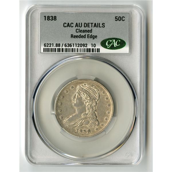 U.S., Capped Bust Half Dollar, 1838, 50C, Reeded Edge, CAC graded AU Details (Cleaned)