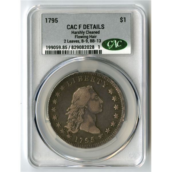 U.S., Flowing Hair Silver Dollar, 1795, 2 Leaves, B-9, BB-13, CAC F Details (Harshly Cleaned)