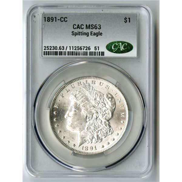 U.S., Morgan Silver Dollar, 1891-CC, "Spitting Eagle" Variety, CAC MS 63