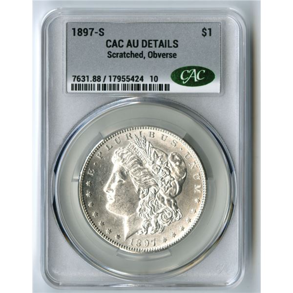 U.S., Morgan Silver Dollar, 1897-S, $1, CAC graded AU Details (Scratched, Obverse)