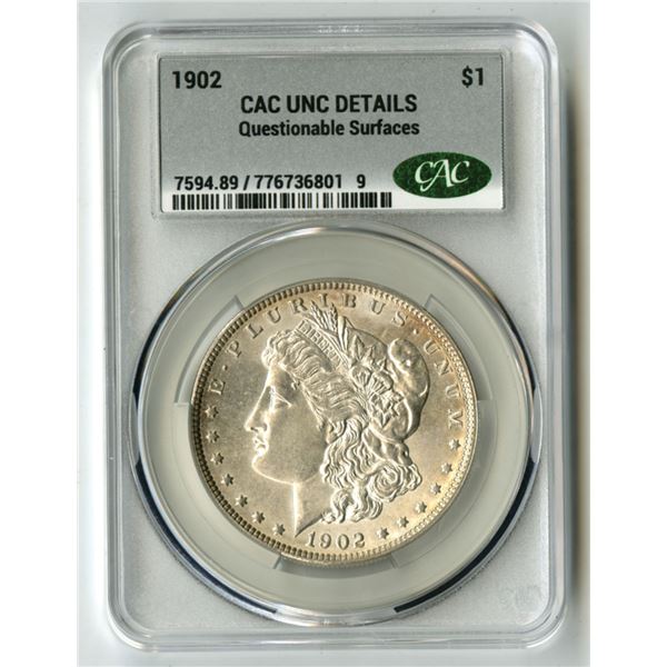 U.S., Morgan Silver Dollar, 1902, $1, CAC graded UNC Details (Questionable Surfaces)