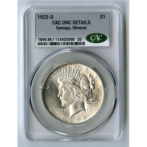 U.S., Peace Silver Dollar, 1922-D, $1, CAC graded UNC Details (Damage, Obverse)