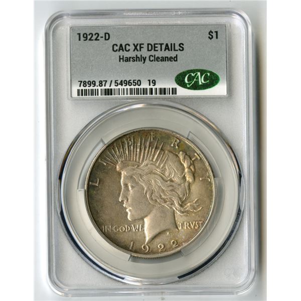 U.S., Peace Silver Dollar, 1922-D, $1, CAC graded XF Details (Harshly Cleaned)