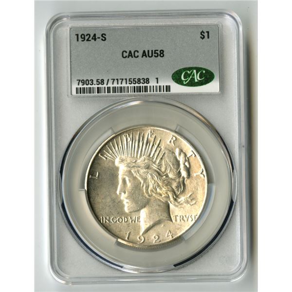 U.S., Peace Silver Dollar, 1924-S, $1, CAC graded AU 58