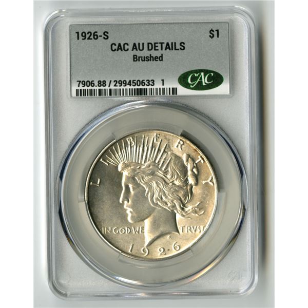 U.S., Peace Silver Dollar, 1926-S, CAC AU Details (Brushed)