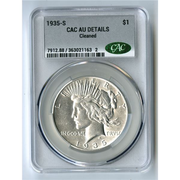 U.S., Peace Silver Dollar, 1935-S, CAC AU Details (Cleaned)