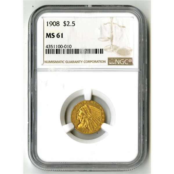 U.S., Indian Head Quarter Eagle, 1908, $2.50 Gold, NGC MS 61