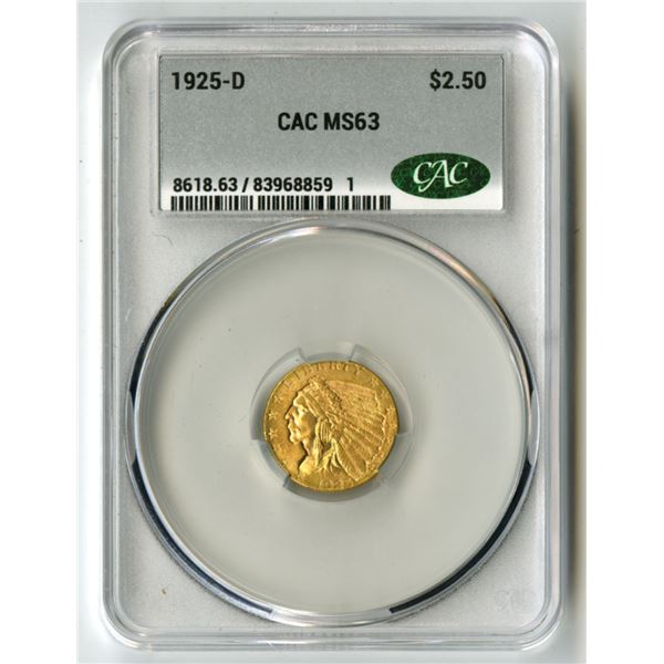 U.S., Indian Head Quarter Eagle, 1925-D, $2.50 Gold, CAC MS 63