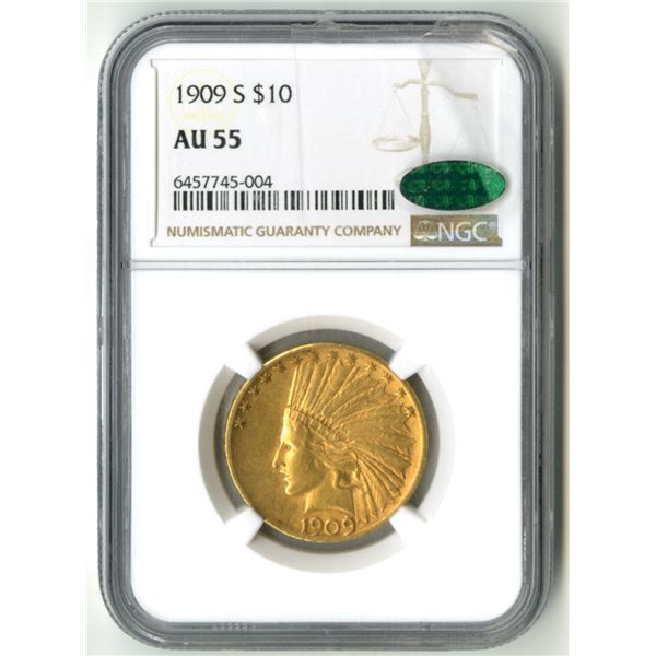 U.S., Indian Head Eagle, 1909-S, $10 Gold, CAC, NGC AU 55