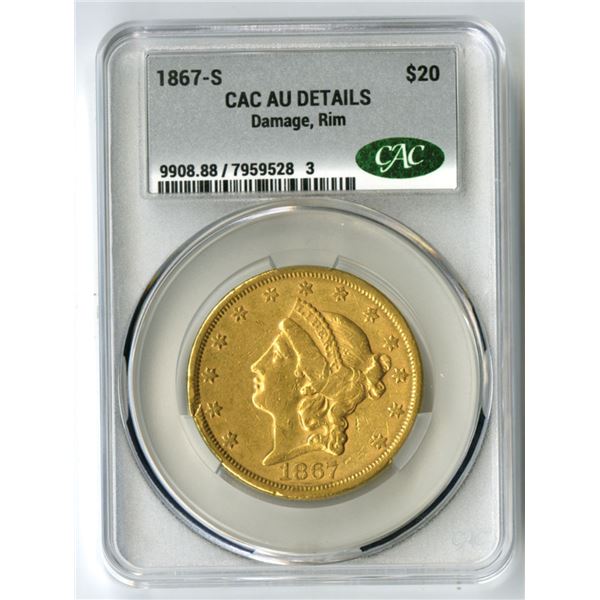 U.S., Liberty Head Double Eagle, 1867-S, $20 Gold, CAC AU Details (Damage, Rim)