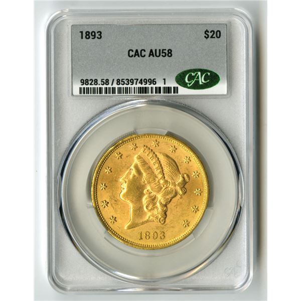 U.S., Liberty Head Double Eagle, 1893, $20 Gold, CAC AU 58