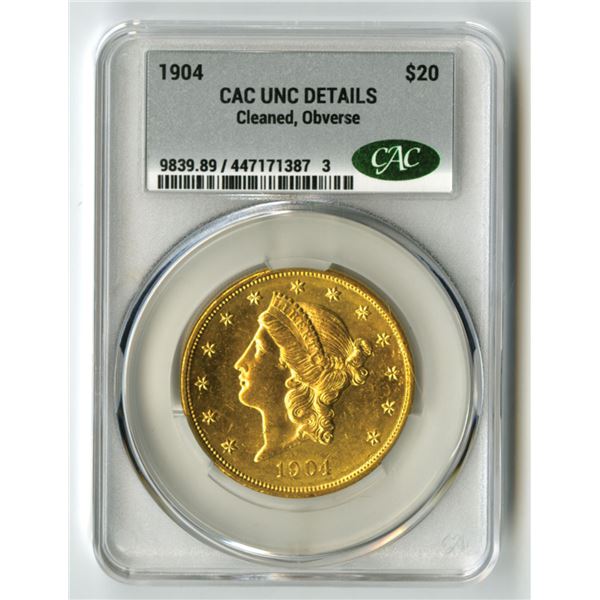U.S., Liberty Head Double Eagle, 1904, $20 Gold, CAC UNC Details (Cleaned, Obverse)