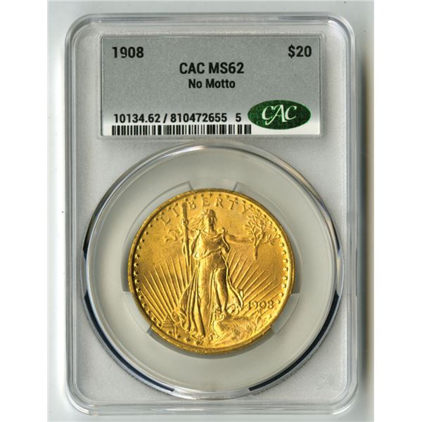 U.S., Saint-Gaudens Double Eagle, 1908 No Motto, $20 Gold, CAC MS 62