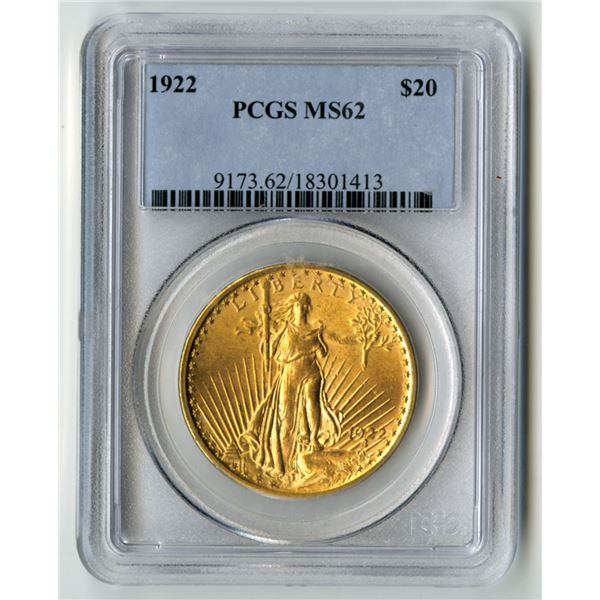 U.S., Saint-Gaudens Double Eagle, 1922, $20 Gold, PCGS MS 62