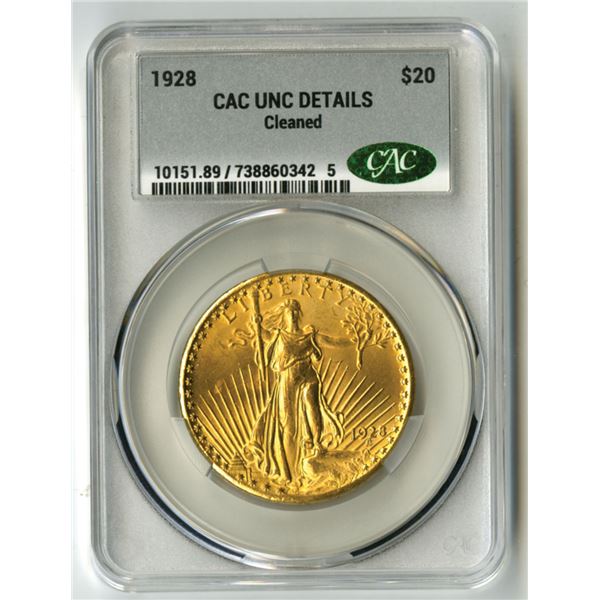 U.S., Saint-Gaudens Double Eagle, 1928, $20 Gold, CAC UNC Details (Cleaned)