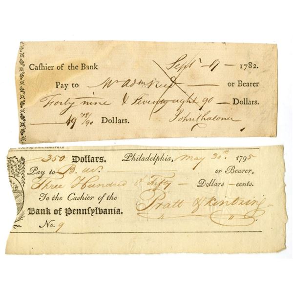 PA. Early American Banking, 1782 and 1795, Check Pair.