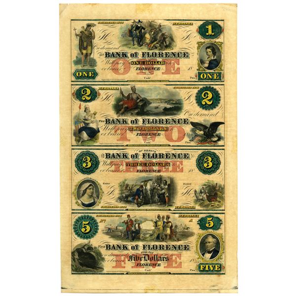 NB. Bank of Florence, ND (1850-1860s), Uncut Sheet of 4 Hand Colored Obsolete Banknotes.