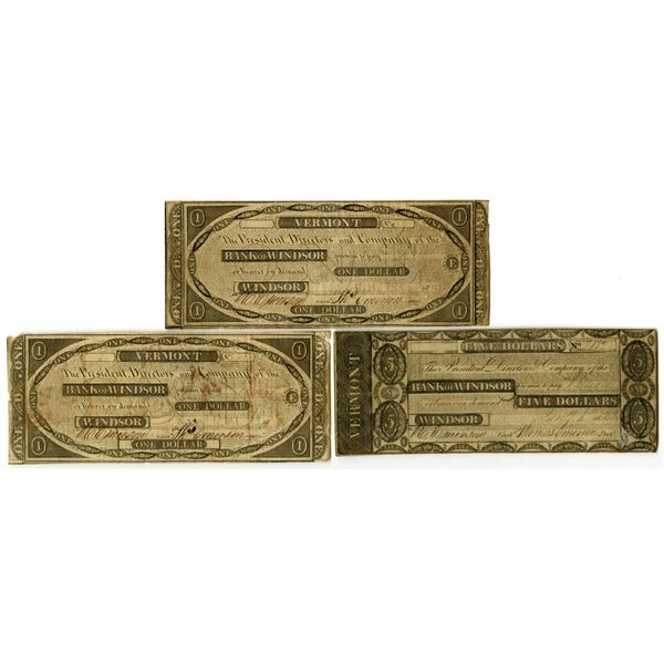 VT. Bank of Windsor, Faded Date (ca.1820 to 1830s), Issued Banknote Trio.