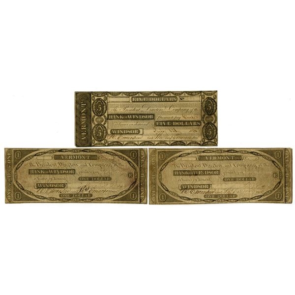 VT. Bank of Windsor, 1830s, Issued Banknote Trio.