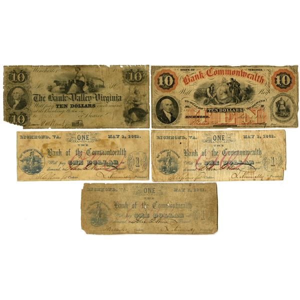 VA. Bank of the Commonwealth and Bank of the Valley, 1858 to 1861, Issued Banknote Assortment.