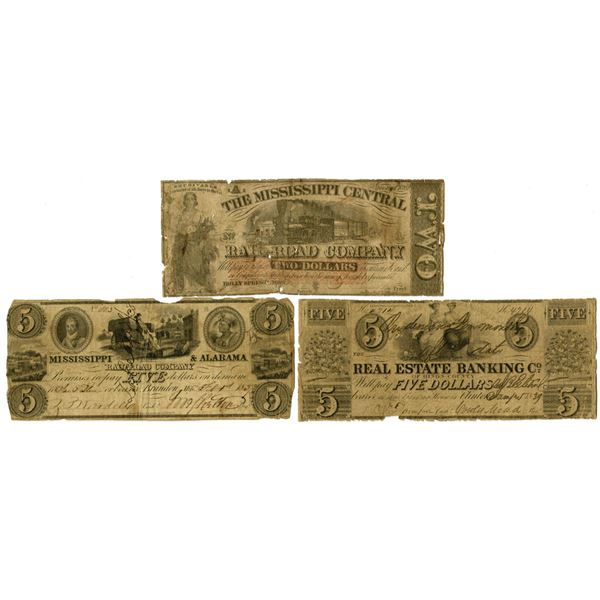 Mississippi Trio of Obsolete Banknotes, 1837 to 1862.