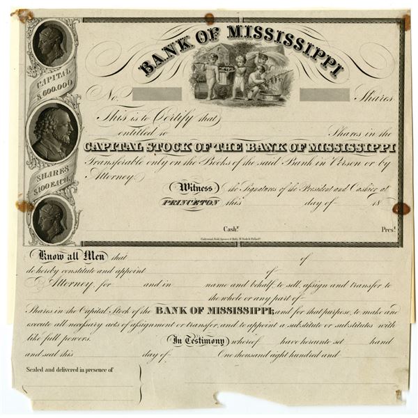 MS. Bank of Mississippi, ca.1830s, Proof Stock Certificate.